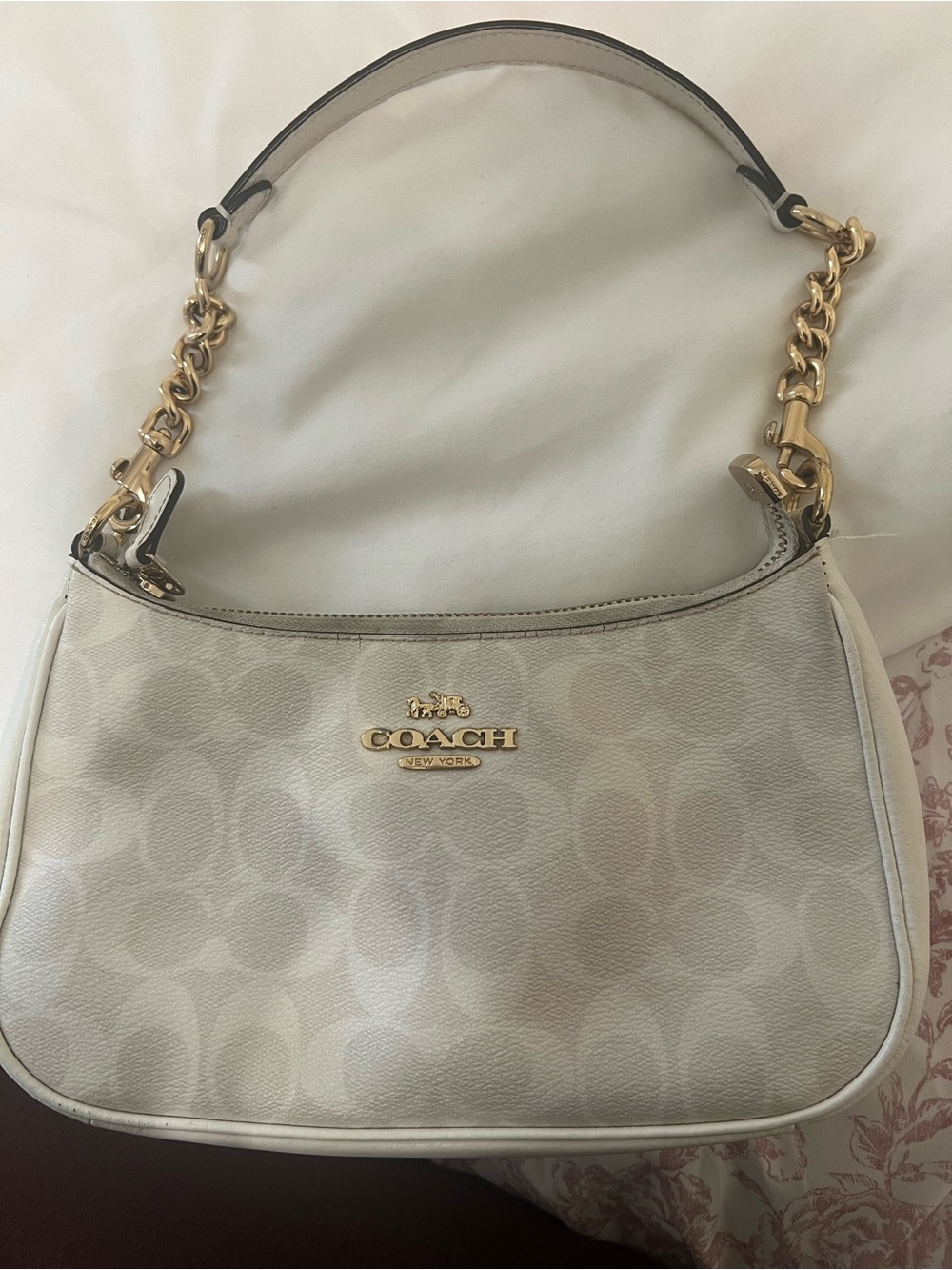 Coach White Signature Shoulder Bag with Gold-Tone Hardware